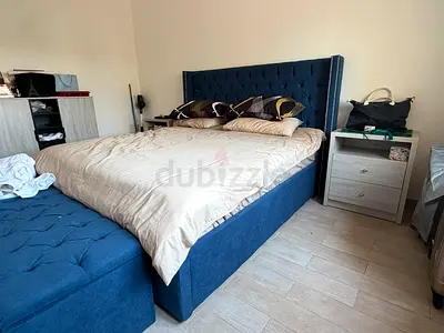 Blue Stylish King Bed with Headboard and Mattress Memory Plus