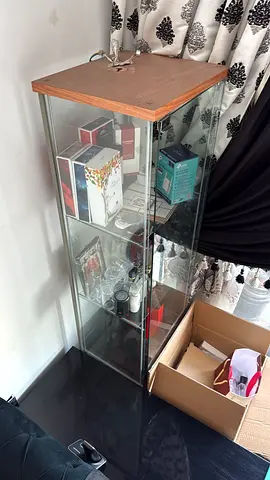 Glass Display Cabinet with Wooden Top - Tall Narrow Showcase