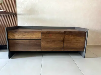 Modern low TV cabinet / media console in wood and gray finish