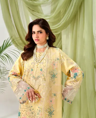Yellow Embroidered Women's unstiched fully loaded embroidered dress Ramsha brand