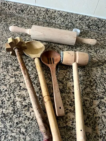 Used Wooden Kitchen Utensils Set — Rolling Pin, Mallet, Spoons, Pasta Server