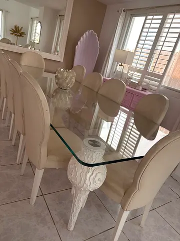 Glass Top 3 meters Dining Table with 10 Beige Upholstered Chairs