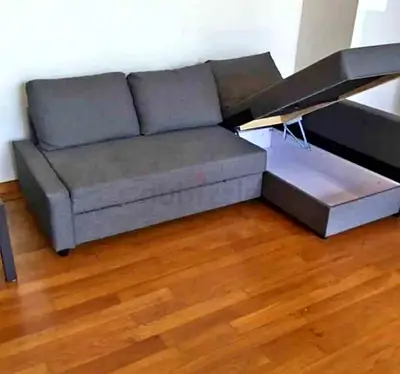 Grey L-shaped Sofa with Storage Ottoman — Good Condition