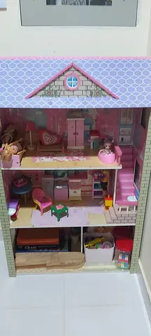 Wooden Dollhouse with Furniture - Pink 3-Level Playhouse