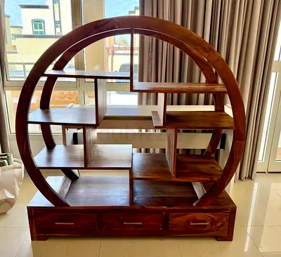 Round Solid Wood Display Shelf with Drawers - Circular Bookshelf