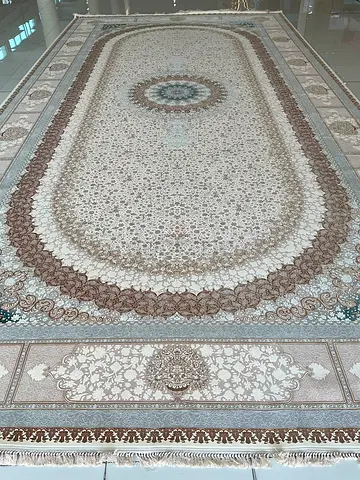 Large4x8mt Traditional Persian-Style Area Rug – Cream, Blue & Brown, Excellent Condition