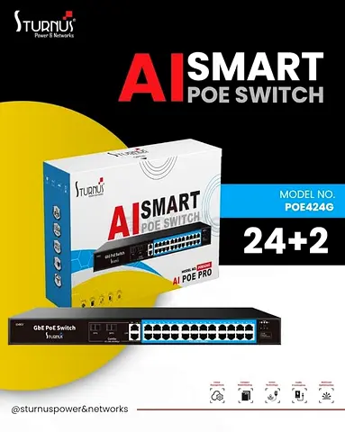 Sturnus 26-Port PoE Switch | 24 PoE+ + 2 Uplink | CCTV