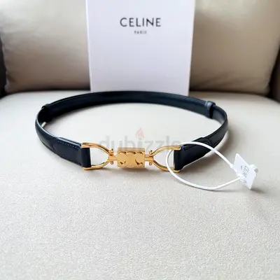 Celine Thin Leather Belt with Gold Lock Buckle - Black, New