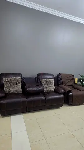 3-seater brown leather sofa with recliner + 1 single recliner with rocking base