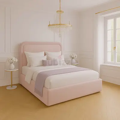 Light Pink Upholstered Bed Frame with Headboard