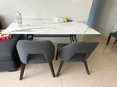 Marble-effect Dining Table with 3 grey Upholstered Chairs - Good Condition