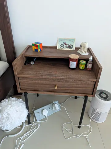Compact bedside table with drawer and raised shelf - walnut finish