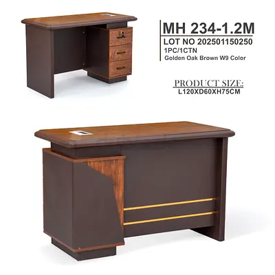 Wooden Office Desk with 3 Drawers - Golden Oak/Brown, 120x60x75cm