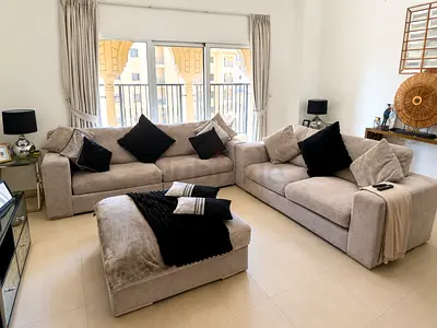 3 seater, 2 seater sofa plus large footstool grey