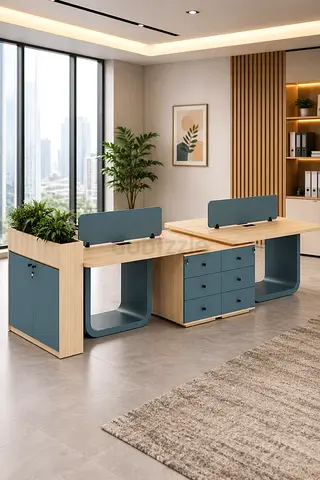 Modern wooden 4-person office workstation desk with storage and planters