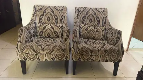 Pair of patterned upholstered accent chairs - good condition (02 Chairs only)
