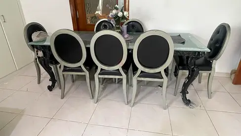 8-Seater Glass Top Dining Table with Upholstered Round-Back Chairs - Good Condition