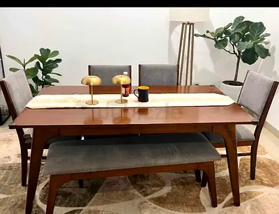 Solid Wood Dining Table Set with Bench and 4 Chairs - Good Condition