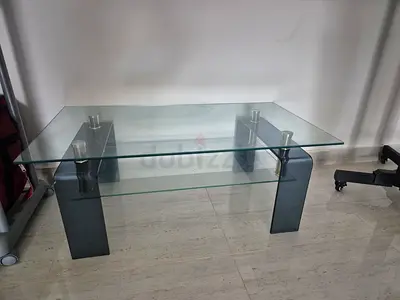 Glass Coffee Table with Lower Shelf and Black Legs