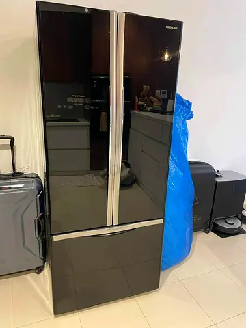 Hitachi French Door Refrigerator - Black Glass Finish, Good Condition