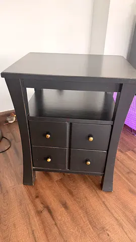 Black Wooden Side Table with 4 Drawers and Open Shelf