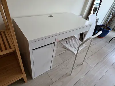 IKEA white desk with storage and cable hole — good condition