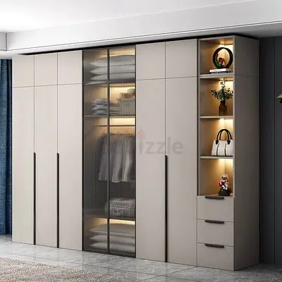 Large Modern Wardrobe with Display Shelves and Glass Doors