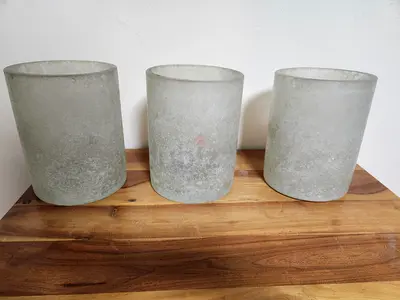 Set of 3 Heavy Frosted Glass Hurricane Candle Holders / Vases
