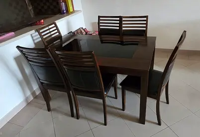 Wooden 6-Seater Dining Table Set with Glass Inlay – Good Condition
