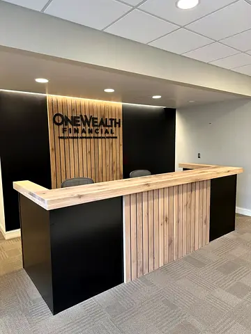 Custom wooden reception desk with black panels \ New custom made reception for sale