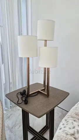Modern Double-Arm Table Lamp on Small Side Table - Neutral Shades