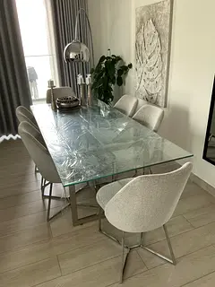Glass Dining Table + 6 Upholstered Chairs (chrome base, bouclé chairs)