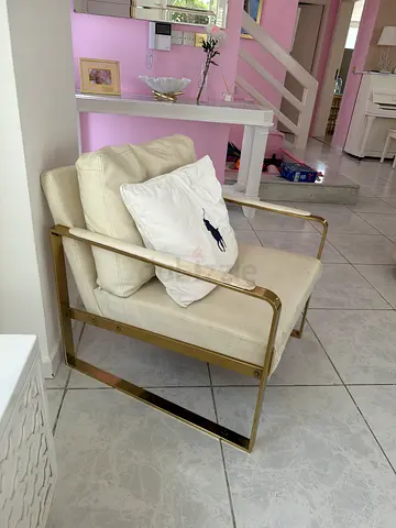 Cream Leather Armchair with Brass Frame - Modern Accent Chair