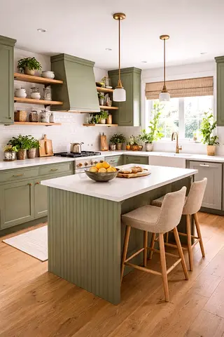 Green Shaker Style Kitchen with Island and Stools