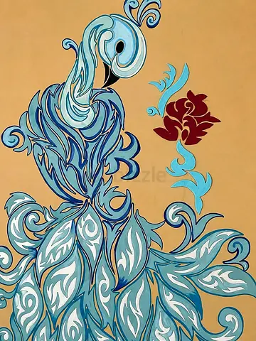 70*50 cm, Hand-painted Stylized luxury Peacock Artwork on Canvas (collage and acrylic)