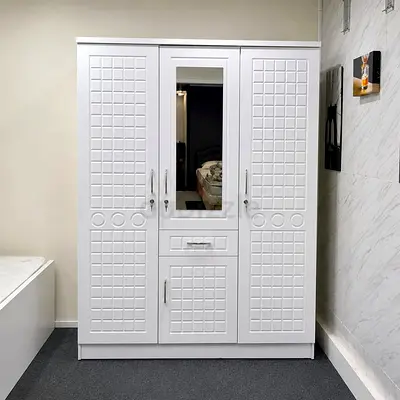 White 3-Door Wardrobe with Mirror and Drawer - Good Condition