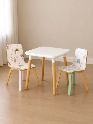 Kids Wooden Table with 2 Chairs - Pastel Rainbow/Forest Prints