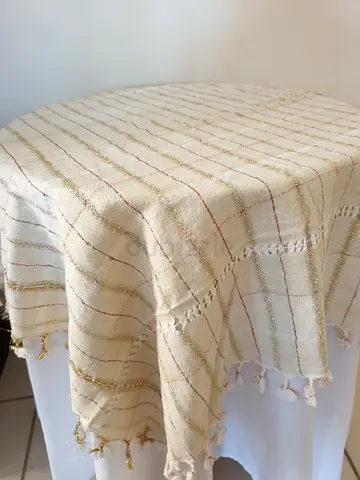 Handwoven Cream Striped Cotton Tablecloth with Tassels