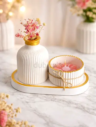 White Ceramic Vase and Decorative Candle Set on Tray