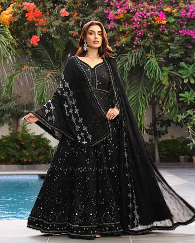 Black embroidered traditional Maxi luxury 3 piece with stone embellished dupatta - size small to med