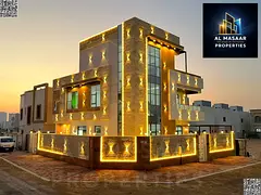 Modern corner villa with 5 bedrooms, pool, and roof terrace in Al-Haliyo 2 area. Includes water and 