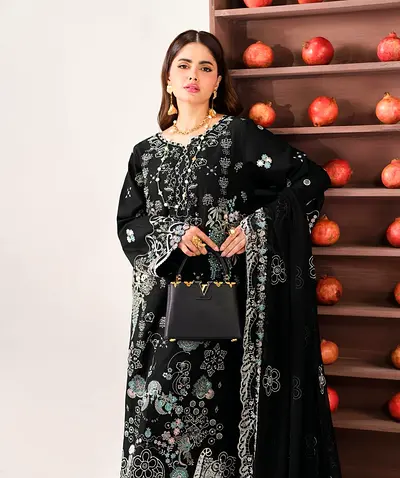 Black embroidered unstiched traditional women's dress with embroidered chiffon duppata