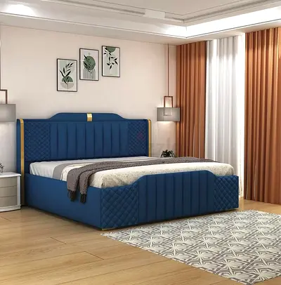 Blue upholstered king size bed with storage, modern design
