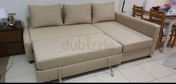 Beige L-shape Sofa Bed with Storage - Good Condition