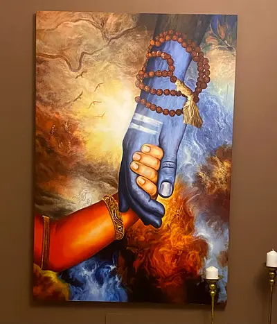 Large Hand-Painted Divine Hands Canvas Art (Lord Shiva and Devotee) - 1pc