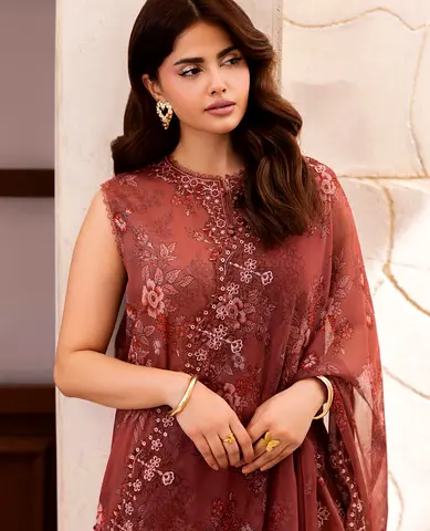 Rust embroidered 3 piece unstiched brenish brand