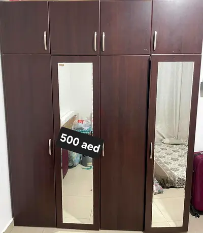 Dark Wood 4-Door Wardrobe with Mirrors - Good Condition