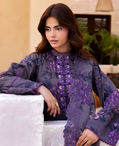 Purple Floral Embroidered 3 piece unstiched brenish brand with chiffon embroidered cutwork duppata