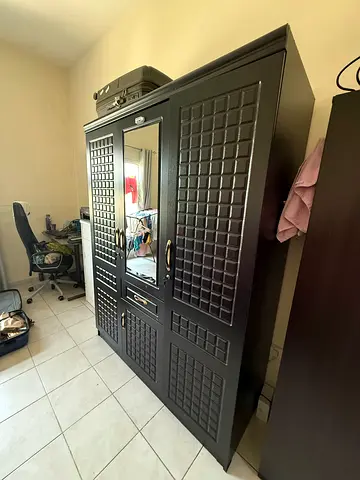 Dark wood 3-door wardrobe with mirror — good condition