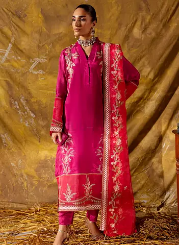 MNM 3 piece Fuchsia embroidered silk luxury wear with pleated V-neck — size M